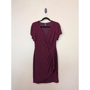 Chaps Womens‎ Medium Burgundy Faux Wrap Flutter Sleeve Draped Sheath Dress Wine